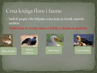  Sadrži popis više hiljada vrsta koje je čovek zauvek
uništio.
Vrste koje su živele samo u Srbiji, a danas ne postoje:
Mala droplja
Tetreb
ružavac
Bela kanja Orao bradan
 