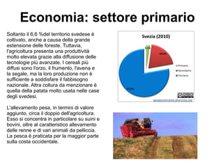 Economia: settore primario
Soltanto il 6,6 %del territorio svedese è
coltivato, anche a causa della grande
estensione delle foreste. Tuttavia,
l'agricoltura presenta una produttività
molto elevata grazie alla diffusione delle
tecnologie più avanzate. I cereali più
diffusi sono l'orzo, il frumento, l'avena e
la segale, ma la loro produzione non è
sufficiente a soddisfare il fabbisogno
nazionale. Altra coltura da menzionare è
quella della patata molto usata nelle case
degli svedesi.
L'allevamento pesa, in termini di valore
aggiunto, circa il doppio dell'agricoltura.
Esso si concentra in particolare su suini e
bovini, oltre al caratteristico allevamento
delle renne e di vari animali da pelliccia.
La pesca è praticata per la maggior parte
sulla costa occidentale.
 