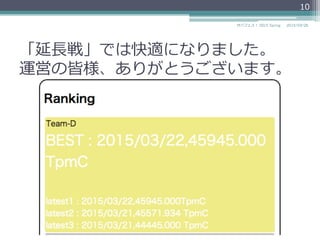 「延⻑⾧長戦」では快適になりました。
運営の皆様、ありがとうございます。
2015/03/26サバフェス！  2015 Spring
10
 