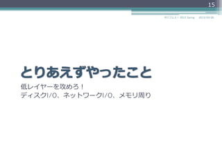 低レイヤーを攻めろ！
ディスクI/O、ネットワークI/O、メモリ周り
2015/03/26サバフェス！  2015 Spring
15
 