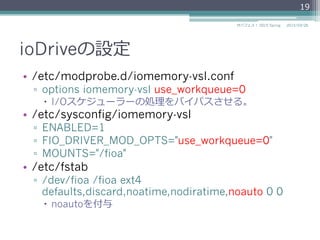 ioDriveの設定
•  /etc/modprobe.d/iomemory-vsl.conf
▫  options iomemory-vsl use_workqueue=0
–  I/Oスケジューラーの処理理をバイパスさせる。
•  /etc/sysconfig/iomemory-vsl
▫  ENABLED=1
▫  FIO_DRIVER_MOD_OPTS="use_workqueue=0"
▫  MOUNTS="/fioa"
•  /etc/fstab
▫  /dev/fioa /fioa ext4
defaults,discard,noatime,nodiratime,noauto 0 0
–  noautoを付与
2015/03/26サバフェス！  2015 Spring
19
 