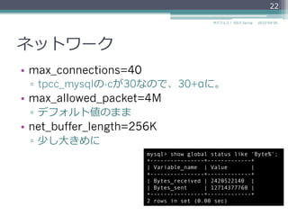 ネットワーク
•  max_connections=40
▫  tpcc_mysqlの-cが30なので、30+αに。
•  max_allowed_packet=4M
▫  デフォルト値のまま
•  net_buffer_length=256K
▫  少し⼤大きめに
2015/03/26サバフェス！  2015 Spring
22
mysql> show global status like 'Byte%';
+----------------+-------------+
| Variable_name | Value |
+----------------+-------------+
| Bytes_received | 2420522140 |
| Bytes_sent | 12714377760 |
+----------------+-------------+
2 rows in set (0.00 sec)
 
