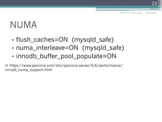 NUMA
•  flush_caches=ON (mysqld_safe)
•  numa_interleave=ON (mysqld_safe)
•  innodb_buffer_pool_populate=ON
2015/03/26サバフェス！  2015 Spring
23
※ https://www.percona.com/doc/percona-server/5.6/performance/
innodb_numa_support.html
 