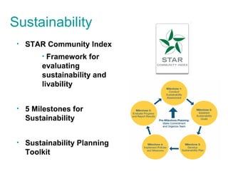 Sustainability STAR Community Index Framework for evaluating sustainability and livability 5 Milestones for Sustainability  Sustainability Planning Toolkit 