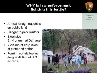 WHY is law enforcement fighting this battle?Armed foreign nationals on public landDanger to park visitorsExtensive Environmental DamageViolation of drug laws of state and nationForeign cartels fueling drug addiction of U.S. citizens