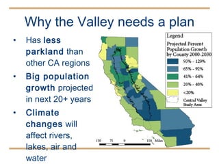 Why the Valley needs a plan Has  less parkland  than other CA regions  Big population growth  projected in next 20+ years Climate changes  will affect rivers, lakes, air and water 