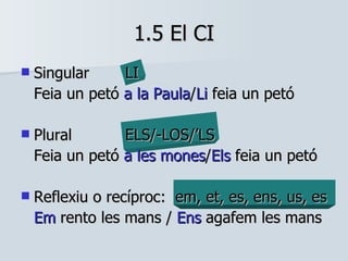1.5 El CI Singular LI Feia un petó  a la Paula / Li  feia un petó Plural ELS/-LOS/’LS Feia un petó  a les mones / Els  feia un petó Reflexiu o recíproc:  em, et, es, ens, us, es Em  rento les mans /  Ens  agafem les mans 