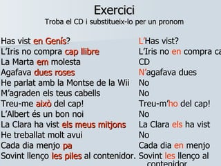 Exercici Troba el CD i substitueix-lo per un pronom Has vist  en Genís ?  L’Iris no compra  cap llibre La Marta  em  molesta Agafava  dues roses He parlat amb la Montse de la Wii M’agraden els teus cabells Treu-me  això  del cap! L’Albert és un bon noi La Clara ha vist  els meus mitjons   He treballat molt avui Cada dia menjo  pa Sovint llenço  les piles  al contenidor. L’ Has vist?  L’Iris no  en  compra cap CD N’ agafava dues  No No Treu-m’ ho  del cap! No La Clara  els  ha vist  No Cada dia  en  menjo Sovint  les  llenço al contenidor 