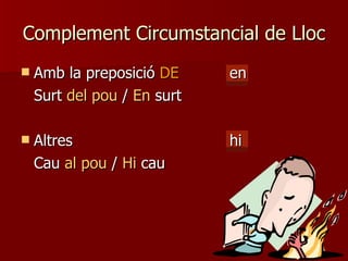 Complement Circumstancial de Lloc Amb la preposició  DE en Surt  del pou  /  En  surt Altres  hi Cau  al pou  /  Hi  cau 