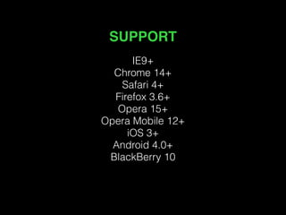 SUPPORT 
IE9+ 
Chrome 14+ 
Safari 4+ 
Firefox 3.6+ 
Opera 15+ 
Opera Mobile 12+ 
iOS 3+ 
Android 4.0+ 
BlackBerry 10 
 