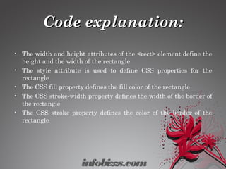 Code explanation:Code explanation:
• The width and height attributes of the <rect> element define the
height and the width of the rectangle
• The style attribute is used to define CSS properties for the
rectangle
• The CSS fill property defines the fill color of the rectangle
• The CSS stroke-width property defines the width of the border of
the rectangle
• The CSS stroke property defines the color of the border of the
rectangle
infobizzs.com
 
