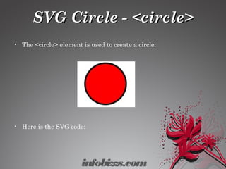 SVG Circle - <circle>SVG Circle - <circle>
• The <circle> element is used to create a circle:
• Here is the SVG code:
infobizzs.com
 
