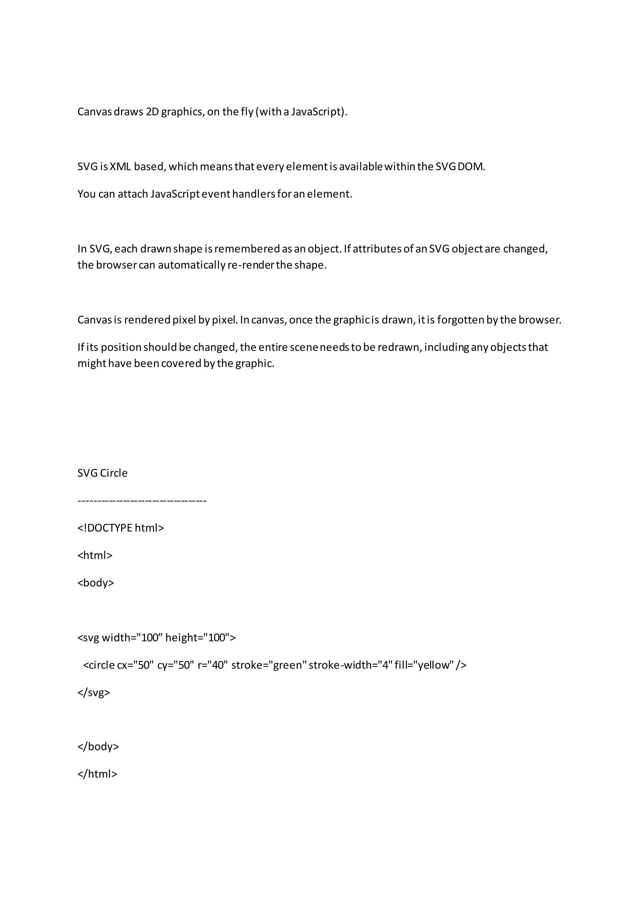 Canvasdraws 2D graphics,on the fly(witha JavaScript).
SVG isXML based,whichmeansthateveryelementisavailablewithinthe SVGDOM.
You can attach JavaScripteventhandlersforanelement.
In SVG,each drawnshape isrememberedasanobject.If attributesof anSVG objectare changed,
the browsercan automaticallyre-renderthe shape.
Canvasis renderedpixel bypixel.Incanvas,once the graphicis drawn,itis forgottenbythe browser.
If its positionshouldbe changed,the entire sceneneedstobe redrawn,includinganyobjectsthat
mighthave beencoveredbythe graphic.
SVG Circle
-----------------------------------
<!DOCTYPE html>
<html>
<body>
<svg width="100" height="100">
<circle cx="50" cy="50" r="40" stroke="green"stroke-width="4"fill="yellow"/>
</svg>
</body>
</html>
 
