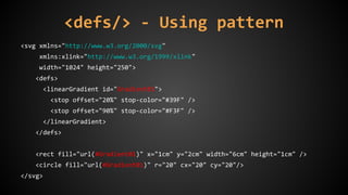 <svg xmlns="http://www.w3.org/2000/svg"
xmlns:xlink="http://www.w3.org/1999/xlink"
width="1024" height="250">
<defs>
<linearGradient id="Gradient01">
<stop offset="20%" stop-color="#39F" />
<stop offset="90%" stop-color="#F3F" />
</linearGradient>
</defs>
<rect fill="url(#Gradient01)" x="1cm" y="2cm" width="6cm" height="1cm" />
<circle fill="url(#Gradient01)" r="20" cx="20" cy="20"/>
</svg>
<defs/> - Using pattern
 
