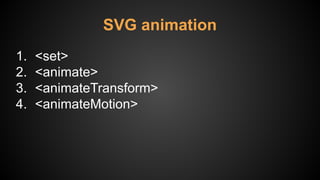 1. <set>
2. <animate>
3. <animateTransform>
4. <animateMotion>
SVG animation
 