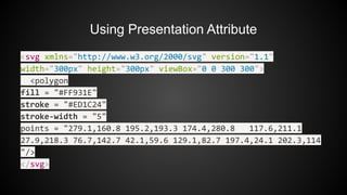<svg xmlns="http://www.w3.org/2000/svg" version="1.1"
width="300px" height="300px" viewBox="0 0 300 300">
<polygon
fill = "#FF931E"
stroke = "#ED1C24"
stroke-width = "5"
points = "279.1,160.8 195.2,193.3 174.4,280.8 117.6,211.1
27.9,218.3 76.7,142.7 42.1,59.6 129.1,82.7 197.4,24.1 202.3,114
"/>
</svg>
Using Presentation Attribute
 
