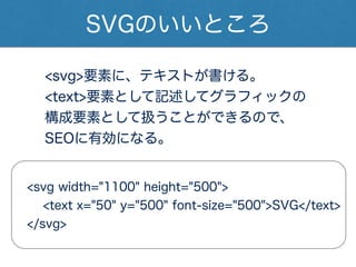 SVGのいいところ
<svg>要素に、テキストが書ける。
<text>要素として記述してグラフィックの
構成要素として扱うことができるので、
SEOに有効になる。
<svg width="1100" height="500">
<text x="50" y="500" font-size="500">SVG</text>
</svg>
 