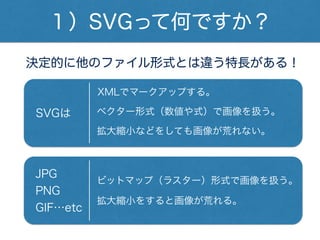 １）SVGって何ですか？
決定的に他のファイル形式とは違う特長がある！
SVGは
XMLでマークアップする。
ベクター形式（数値や式）で画像を扱う。
JPG
PNG
GIF…etc
ビットマップ（ラスター）形式で画像を扱う。
拡大縮小をすると画像が荒れる。
拡大縮小などをしても画像が荒れない。
 