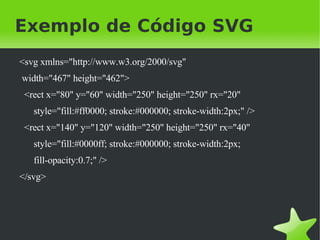 Exemplo de Código SVG <svg xmlns="http://www.w3.org/2000/svg" width="467" height="462"> <rect x="80" y="60" width="250" height="250" rx="20" style="fill:#ff0000; stroke:#000000; stroke-width:2px;" /> <rect x="140" y="120" width="250" height="250" rx="40" style="fill:#0000ff; stroke:#000000; stroke-width:2px; fill-opacity:0.7;" /> </svg> 