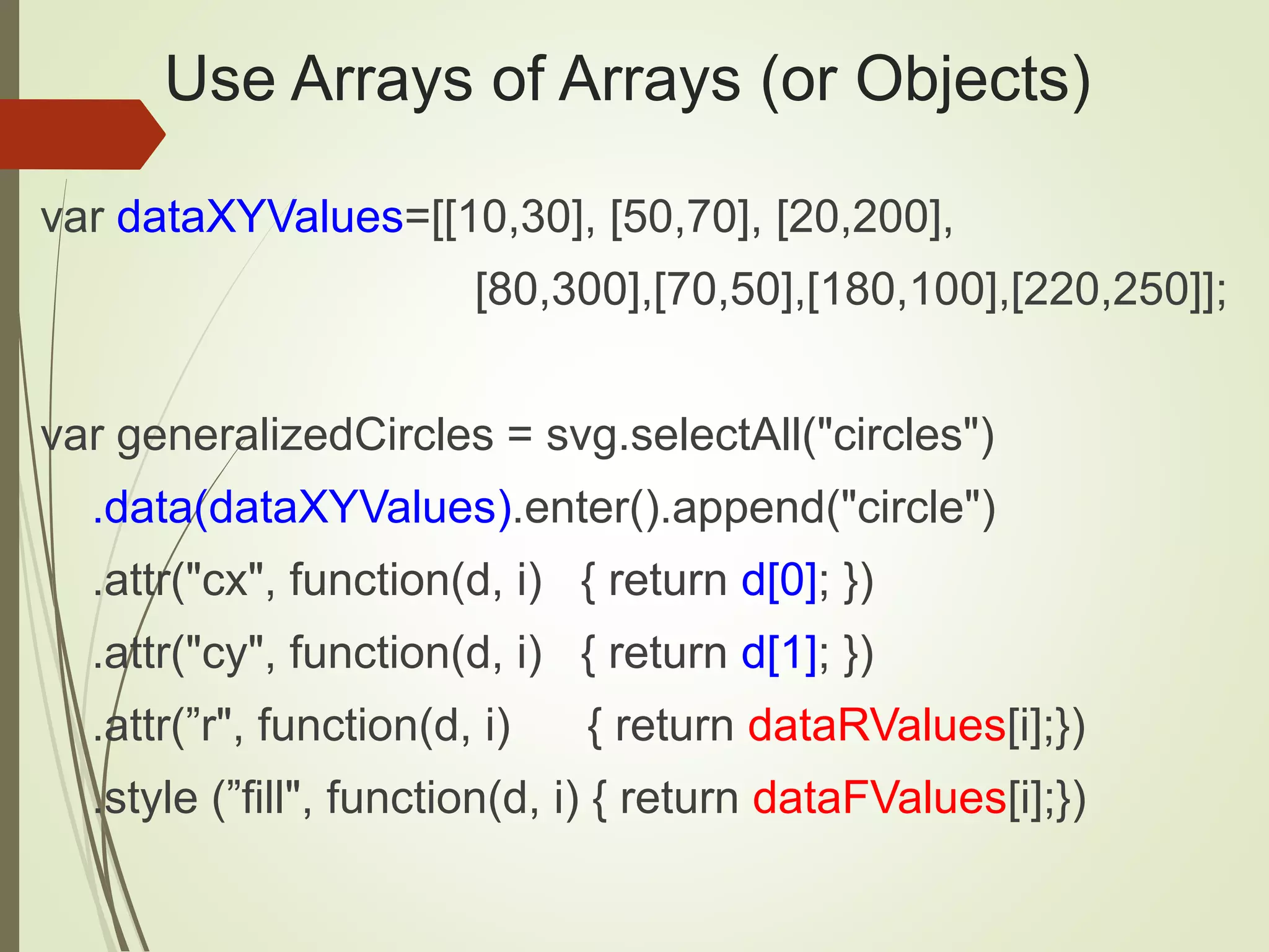 Use Arrays of Arrays (or Objects)
var dataXYValues=[[10,30], [50,70], [20,200],
[80,300],[70,50],[180,100],[220,250]];
var generalizedCircles = svg.selectAll("circles")
.data(dataXYValues).enter().append("circle")
.attr("cx", function(d, i) { return d[0]; })
.attr("cy", function(d, i) { return d[1]; })
.attr(”r", function(d, i) { return dataRValues[i];})
.style (”fill", function(d, i) { return dataFValues[i];})
 
