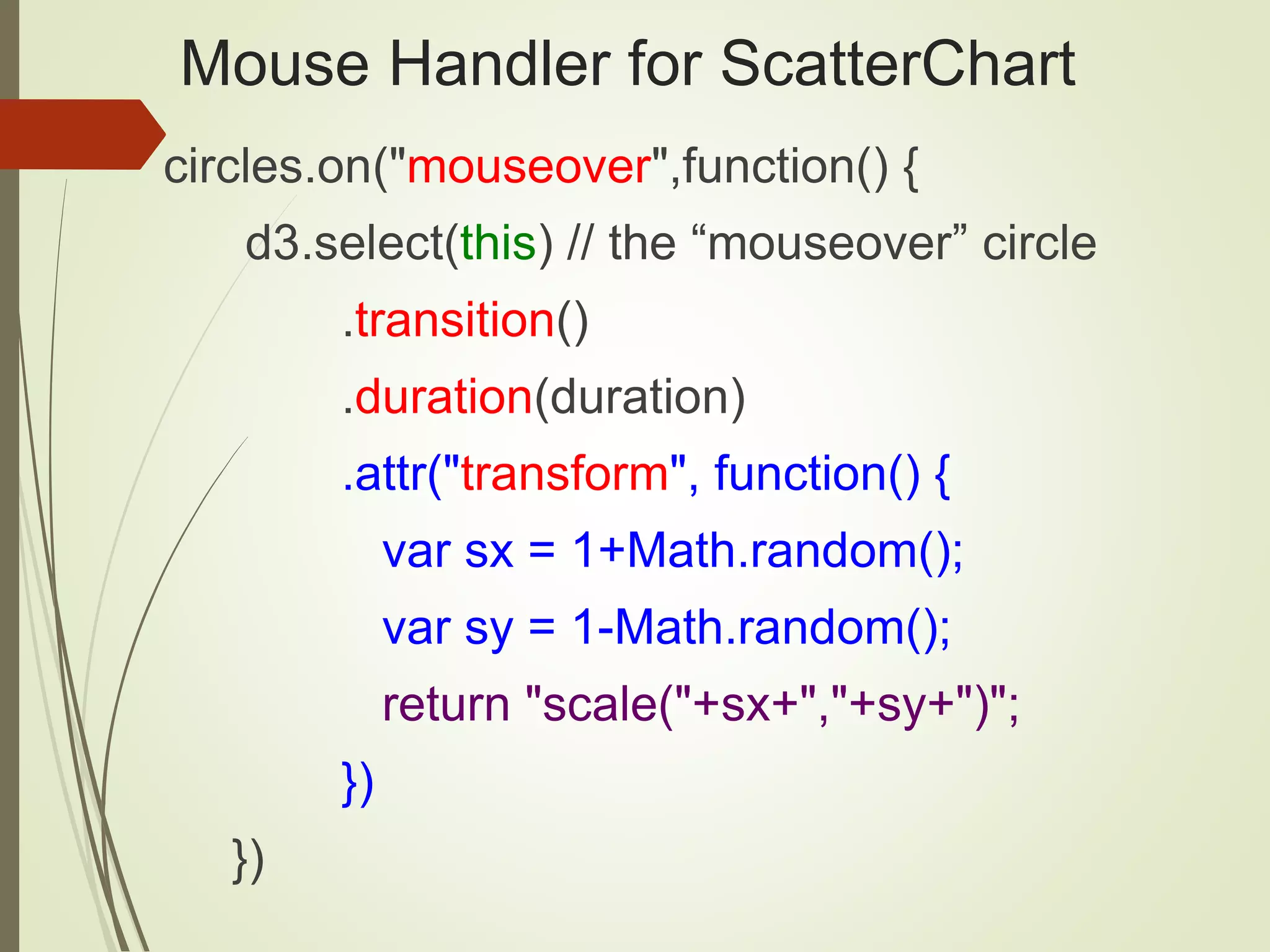 Mouse Handler for ScatterChart
circles.on("mouseover",function() {
d3.select(this) // the “mouseover” circle
.transition()
.duration(duration)
.attr("transform", function() {
var sx = 1+Math.random();
var sy = 1-Math.random();
return "scale("+sx+","+sy+")";
})
})
 