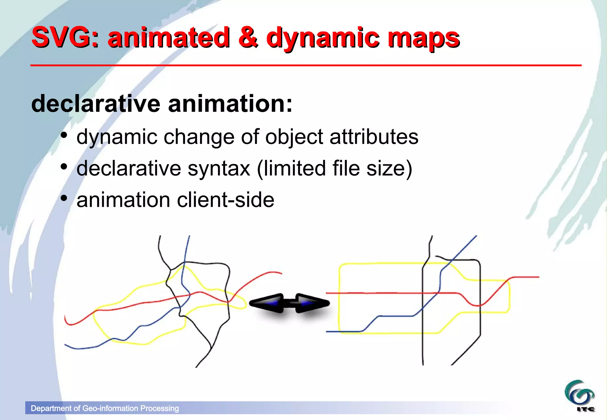 SVG: animated & dynamic maps

declarative animation:
        dynamic change of object attributes
        declarative syntax (limited file size)
        animation client-side




Department of Geo-information Processing
 