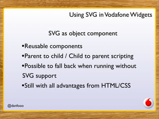 Using SVG in Vodafone Widgets

                SVG as object component

      •Reusable components
      •Parent to child / Child to parent scripting
      •Possible to fall back when running without
       SVG support
      •Still with all advantages from HTML/CSS

@danfooo             Daniel Herzog, @danfooo
 