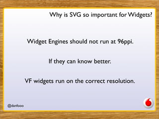 Why is SVG so important for Widgets?



           Widget Engines should not run at 96ppi.


                   If they can know better.


           VF widgets run on the correct resolution.


@danfooo               Daniel Herzog, @danfooo
 