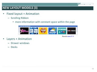 NEW LAYOUT MODELS (3) Fixed layout + Animation Scrolling Ribbon more information with constant space within the page Layers + Animation Drawer windows Docks Source  www.tf1.fr 