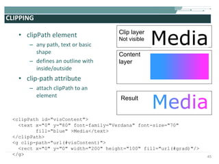 CLIPPING clipPath element any path, text or basic shape defines an outline with inside/outside clip-path attribute attach clipPath to an element  Clip layer Not visible Content layer Result <clipPath id="visContent"> <text x="0" y="80" font-family="Verdana" font-size="70"  fill="blue" >Media</text>  </clipPath> <g clip-path="url(#visContent)"> <rect x="0" y="0" width="200" height="100" fill="url(#grad)"/> </g> 