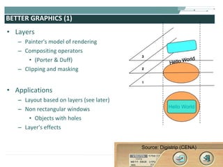 BETTER GRAPHICS (1) Layers Painter's model of rendering Compositing operators  (Porter & Duff) Clipping and masking Applications Layout based on layers (see later) Non rectangular windows Objects with holes Layer's effects Source: Digistrip (CENA) 