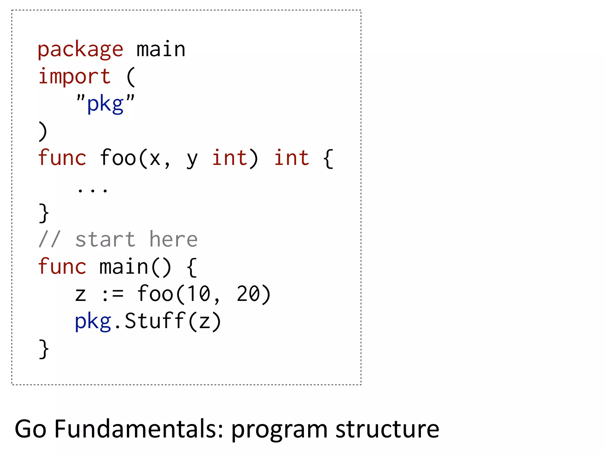 package main
  import (
     "pkg"
  )
  func foo(x, y int) int {
     ...
  }
  // start here
  func main() {
     z := foo(10, 20)
     pkg.Stuff(z)
  }


Go  Fundamentals:  program  structure
 