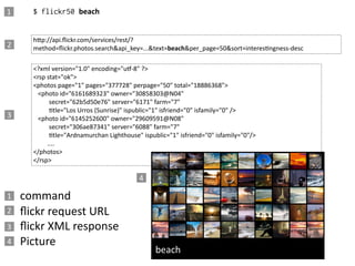 1     $ flickr50 beach


      h=p://api.ﬂickr.com/services/rest/?
2     method=ﬂickr.photos.search&api_key=...&text=beach&per_page=50&sort=interesEngness-­‐desc

      <?xml  version="1.0"  encoding="ug-­‐8"  ?>
      <rsp  stat="ok">
      <photos  page="1"  pages="377728"  perpage="50"  total="18886368">
            <photo  id="6161689323"  owner="30858303@N04"  
                          secret="62b5d50e76"  server="6171"  farm="7"  
                          Etle="Los  Urros  (Sunrise)"  ispublic="1"  isfriend="0"  isfamily="0"  />
3           <photo  id="6145252600"  owner="29609591@N08"  
                          secret="306ae87341"  server="6088"  farm="7"  
                          Etle="Ardnamurchan  Lighthouse"  ispublic="1"  isfriend="0"  isfamily="0"/>
                        ....
      </photos>
      </rsp>

                                                   4

1   command
2   ﬂickr  request  URL
3   ﬂickr  XML  response
4   Picture
 