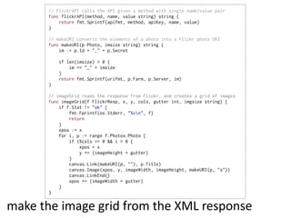 // FlickrAPI calls the API given a method with single name/value pair
        func flickrAPI(method, name, value string) string {
            return fmt.Sprintf(apifmt, method, apiKey, name, value)
        }

        // makeURI converts the elements of a photo into a Flickr photo URI
        func makeURI(p Photo, imsize string) string {
            im := p.Id + "_" + p.Secret

            if len(imsize) > 0 {
                im += "_" + imsize
            }
            return fmt.Sprintf(urifmt, p.Farm, p.Server, im)
        }

        // imageGrid reads the response from Flickr, and creates a grid of images
        func imageGrid(f FlickrResp, x, y, cols, gutter int, imgsize string) {
            if f.Stat != "ok" {
                fmt.Fprintf(os.Stderr, "%vn", f)
                return
            }
            xpos := x
            for i, p := range f.Photos.Photo {
                if i%cols == 0 && i > 0 {
                    xpos = x
                    y += (imageHeight + gutter)
                }
                canvas.Link(makeURI(p, ""), p.Title)
                canvas.Image(xpos, y, imageWidth, imageHeight, makeURI(p, "s"))
                canvas.LinkEnd()
                xpos += (imageWidth + gutter)
            }
        }


make  the  image  grid  from  the  XML  response
 