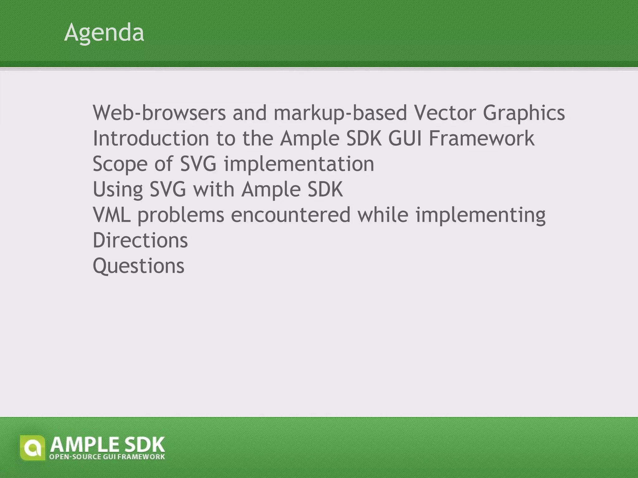 1. Web-browsers and markup-based Vector Graphics Modern browsers claim to support SVG SVG, First WD on 11/02/1999 One of the first usable implementations in Opera 9 (2006) Other – try hiding deep VML VML, W3C Note on 13/05/1998 First implementation shipped with Internet Explorer 5.0 (1999) 