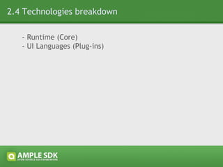 2.4 Technologies breakdown: Runtime - Document Object Model  Core L2, Events L3, Selectors API - JavaScript APIs   DOMParser, XMLSerializer, XSLTProcessor, XMLHttpRequest, JSON - XML Technologies   SMIL3.0  (selected modules) , XInclude 1.0, XML Schema 1.1  (Part 2 - Datatypes) - Styling technologies  CSS2.1 (fixes), CSS3-Namespaces, CSS3-UI - UI Managers Focus, Drag&Drop, Resize, Capture, SPI History, Text selection - Componentization Model 