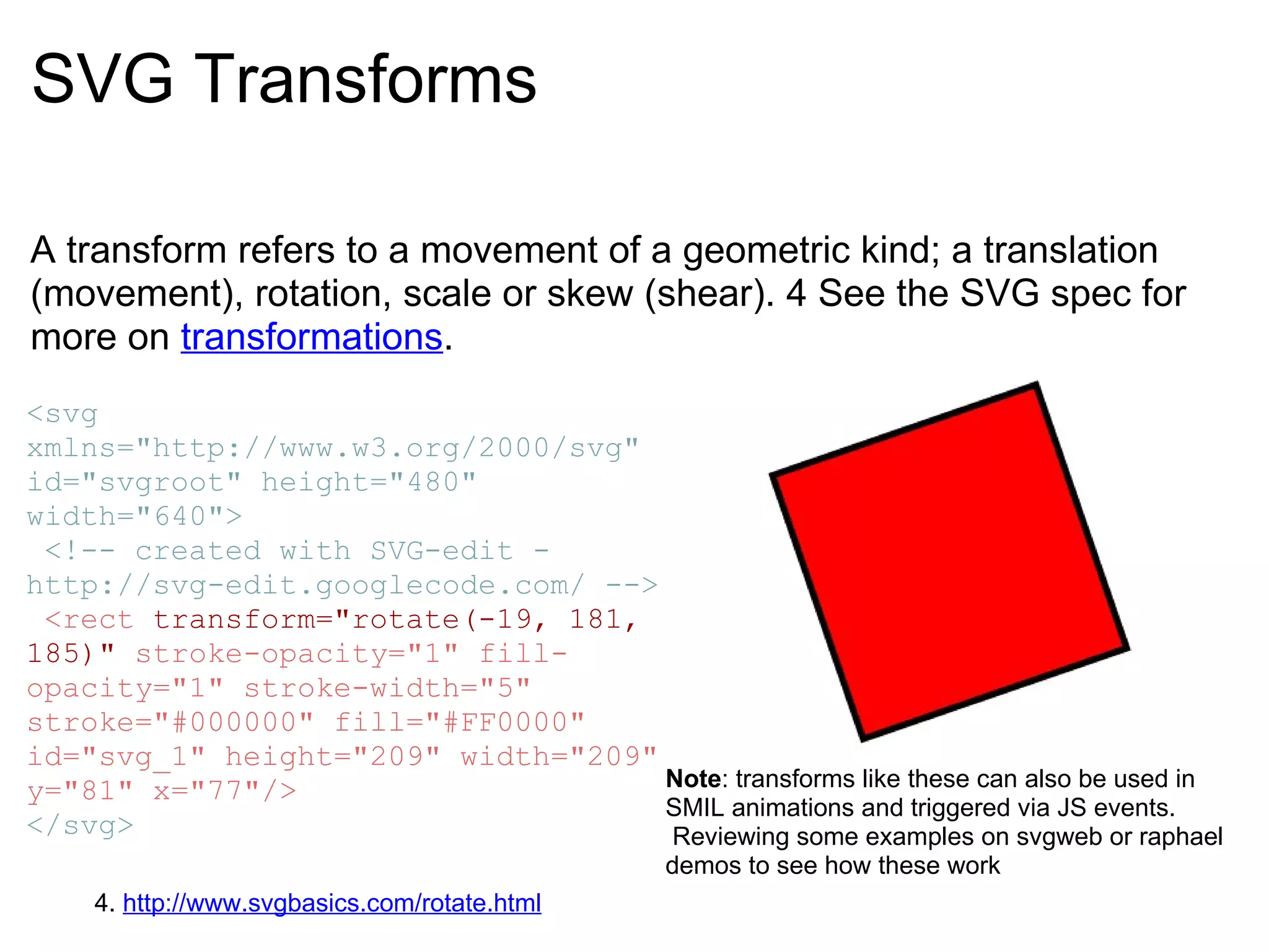 SVG Transforms A transform refers to a movement of a geometric kind; a translation (movement), rotation, scale or skew (shear). 4 See the SVG spec for more on  transformations . <svg xmlns="http://www.w3.org/2000/svg" id="svgroot" height="480" width="640">  <!-- created with SVG-edit - http://svg-edit.googlecode.com/ -->   <rect  transform="rotate(-19, 181, 185)"  stroke-opacity="1" fill-opacity="1" stroke-width="5" stroke="#000000" fill="#FF0000" id="svg_1" height="209" width="209" y="81" x="77"/> </svg> 4.  http://www.svgbasics.com/rotate.html Note : transforms like these can also be used in SMIL animations and triggered via JS events.  Reviewing some examples on svgweb or raphael demos to see how these work 