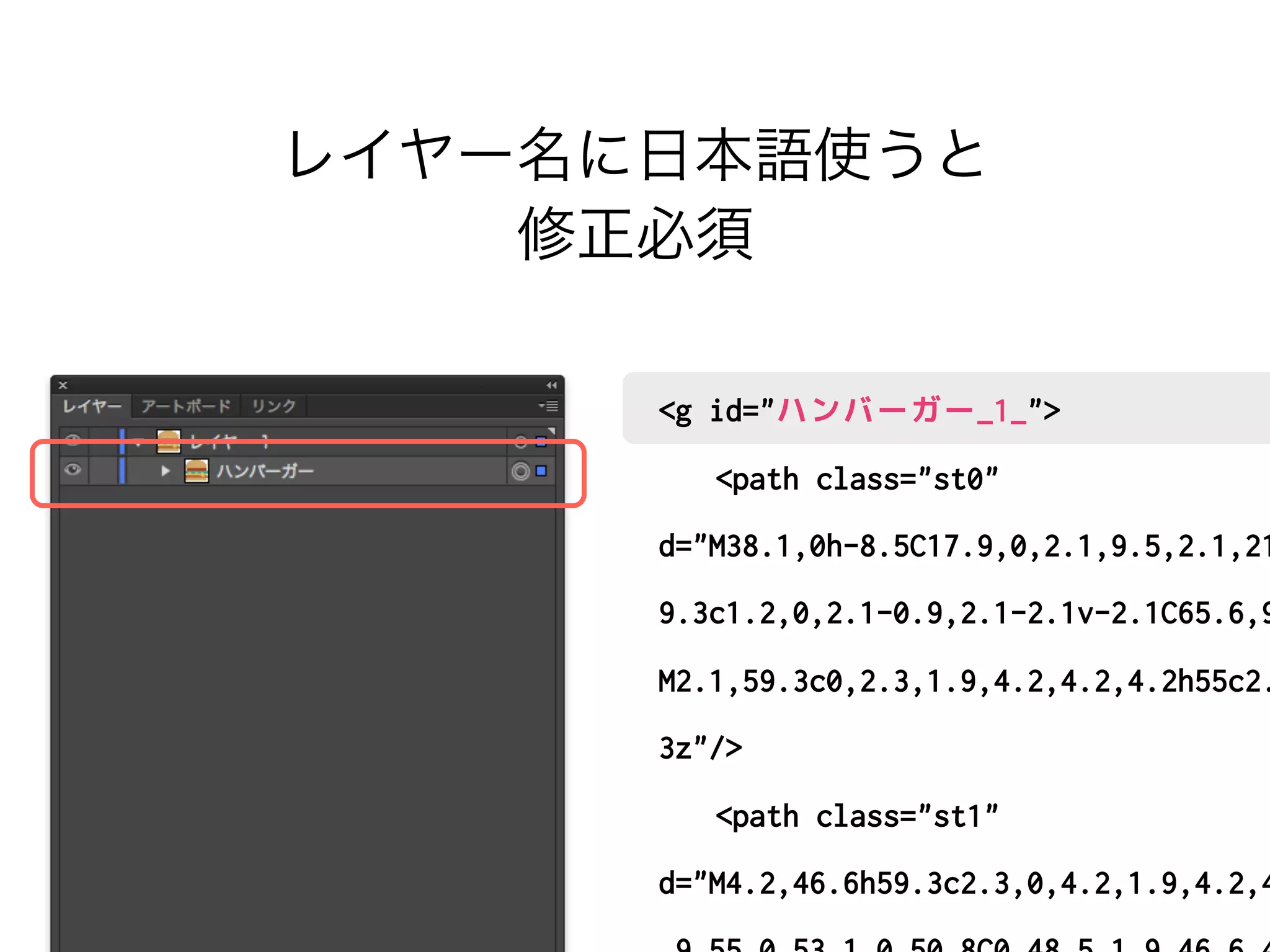 レイヤー名に日本語使うと 
修正必須 
g id=ハンバーガー_1_ 
 path class=st0 
d=M38.1,0h-8.5C17.9,0,2.1,9.5,2.1,21.2v2.1c0,1.2,0.9,2.1,2.1,2.1h5 
9.3c1.2,0,2.1-0.9,2.1-2.1v-2.1C65.6,9.5,49.8,0,38.1,0z 
M2.1,59.3c0,2.3,1.9,4.2,4.2,4.2h55c2.3,0,4.2-3z/ 
 path class=st1 
d=M4.2,46.6h59.3c2.3,0,4.2,1.9,4.2,4.2c0,2.3-.9,55,0,53.1,0,50.8C0,48.5,1.9,46.6,4.2,46.6z/ 
 