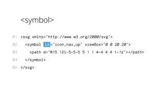<symbol> 
<svg xmlns="http://www.w3.org/2000/svg"> 
<symbol id ="icon_nav_up" viewBox="0 0 20 20"> 
<path d="M15 12l-5-5-5 5 1 1 4-4 4 4 1-1z"></path> 
</symbol> 
</svg> 
01. 
02. 
03. 
04. 
05. 
 