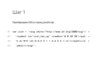 Шаг 1 
Преобразуем SVG в строку JavaScript 
var icon = '<svg xmlns="http://www.w3.org/2000/svg">' + 
'<symbol id="icon_nav_up" viewBox="0 0 20 20"><pat' + 
'h d="M15 12l-5-5-5 5 1 1 4-4 4 4 1-1z"></path></s' + 
'ymbol></svg>'; 
01. 
02. 
03. 
04. 
 
