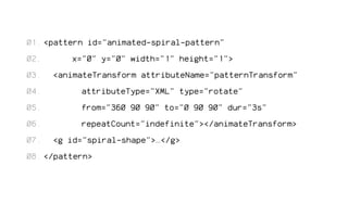<pattern id="animated-spiral-pattern" 
x="0" y="0" width="1" height="1"> 
<animateTransform attributeName="patternTransform" 
attributeType="XML" type="rotate" 
from="360 90 90" to="0 90 90" dur="3s" 
repeatCount="indefinite"></animateTransform> 
<g id="spiral-shape">…</g> 
</pattern> 
01. 
02. 
03. 
04. 
05. 
06. 
07. 
08. 
 