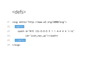 <defs> 
<svg xmlns="http://www.w3.org/2000/svg"> 
<defs> 
<path d="M15 12l-5-5-5 5 1 1 4-4 4 4 1-1z" 
id="icon_nav_up"></path> 
</defs> 
</svg> 
01. 
02. 
03. 
04. 
05. 
06. 
 