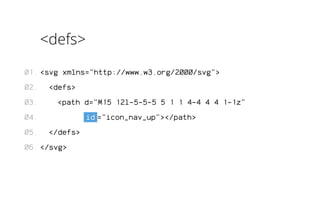 <defs> 
<svg xmlns="http://www.w3.org/2000/svg"> 
<defs> 
<path d="M15 12l-5-5-5 5 1 1 4-4 4 4 1-1z" 
id ="icon_nav_up"></path> 
</defs> 
</svg> 
01. 
02. 
03. 
04. 
05. 
06. 
 