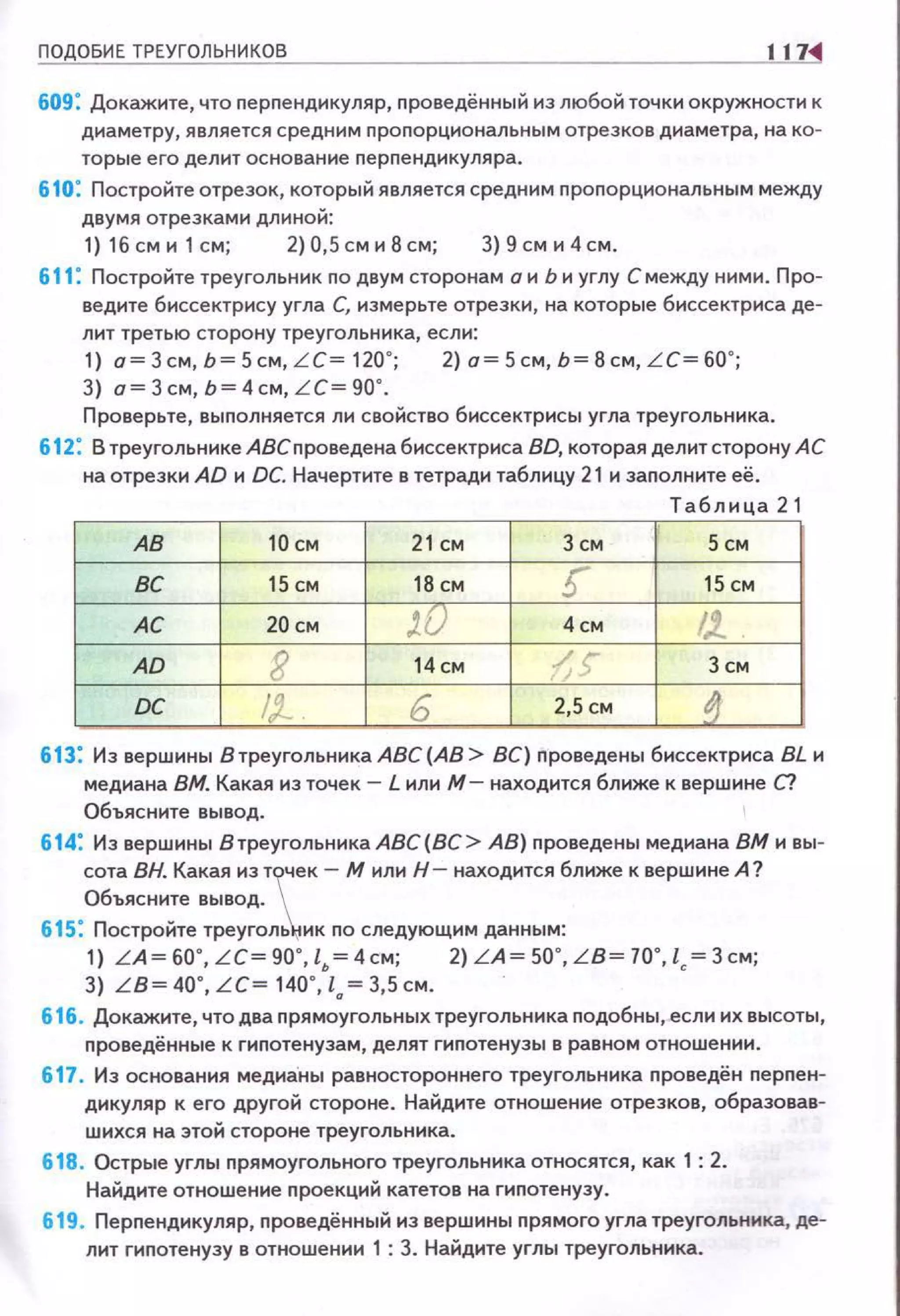ПОДОБИЕ ТРЕУГОЛЬНИКОВ 117
609: Докажите, что перпендикуляр, проведённый из любой точки окружности к
диаметру, является средним nропорциональным отрезков диаметра, на ко-
торые его делит основание nерпендикуляра.
610: Постройте отрезок, который является средним nропорциональным между
двумя отрезками длиной:
1) 16 см и 1 см; 2) 0,5 см и8 см; 3) 9 см и4 см.
611: Постройте треугольник по двум сторонам о и Ь и углу С между ними. Про­
ведите биссектрису угла С, измерьте отрезки, на которые биссектриса де­
лит третью сторону треугольника, если:
1) о =3см,Ь =5см,LС= 120 °; 2)о=5см,Ь=8см,LС=60 " ;
3) о=Зсм,Ь = 4см,LС=90 ° ,
Проверьте, выnолняется ли свойство биссектрисы угла треугольника.
612: В треугольнике А8Сnроведена биссектриса BD, которая делит сторону АС
на отрезки AD и DC. Начертите в тетради таблицу 21 и заnолните её .
Таблица 21
АВ 10см 21 СМ 3 СМ 5 см
вс 15 см 18 см 5" 15 см
АС 20 см ш 4 см 1). 1
i
AD 8 14см /> 3 см
ос IJ_ 6 2,5 СМ ~
613: Из вершины В треугольника АВС(АВ > ВС) проведены биссектриса BL и
медиана ВМ. Какая из точек - L или М- находится ближе к вершине С?
Объясните вывод.
614: Из вершины В треугольника АВС (ВС > АВ} nроведены медиана ВМ и вы­
сота ВН. Какая из точек - М или Н- находится ближе к вершине А?
Объясните вывод. 
615: Постройте треугол~ик по следующим данным:
1) LА~бо· Lc~go·t ~4см· 2)LA~so· LB~Jo• t ~3см·
3) LB~ 4o·:Lc~14o·.'t.~3,Scм. ' '· '
616. Докажите, что два nрямоугольных треугольника подобны, если их высоты,
nроведённые к гипотенузам, делят гиnотенузы в равном отношении.
617, Из основания медианы равностороннего треугольника nроведён перnен­
дикуляр к его другой стороне . Найдите отношение отрезков, обраэовав­
шихся на этой стороне треугольника.
618. Острые углы nрямоугольного треугольника относятся, как 1 : 2.
Найдите отношение проекций катетов на гиnотенузу.
619. Перnендикуляр, проведённый из вершины nрямого угла треугольника, де­
лит гиnотенузу в отношении 1 : 3. Найдите углы треугольника.
 