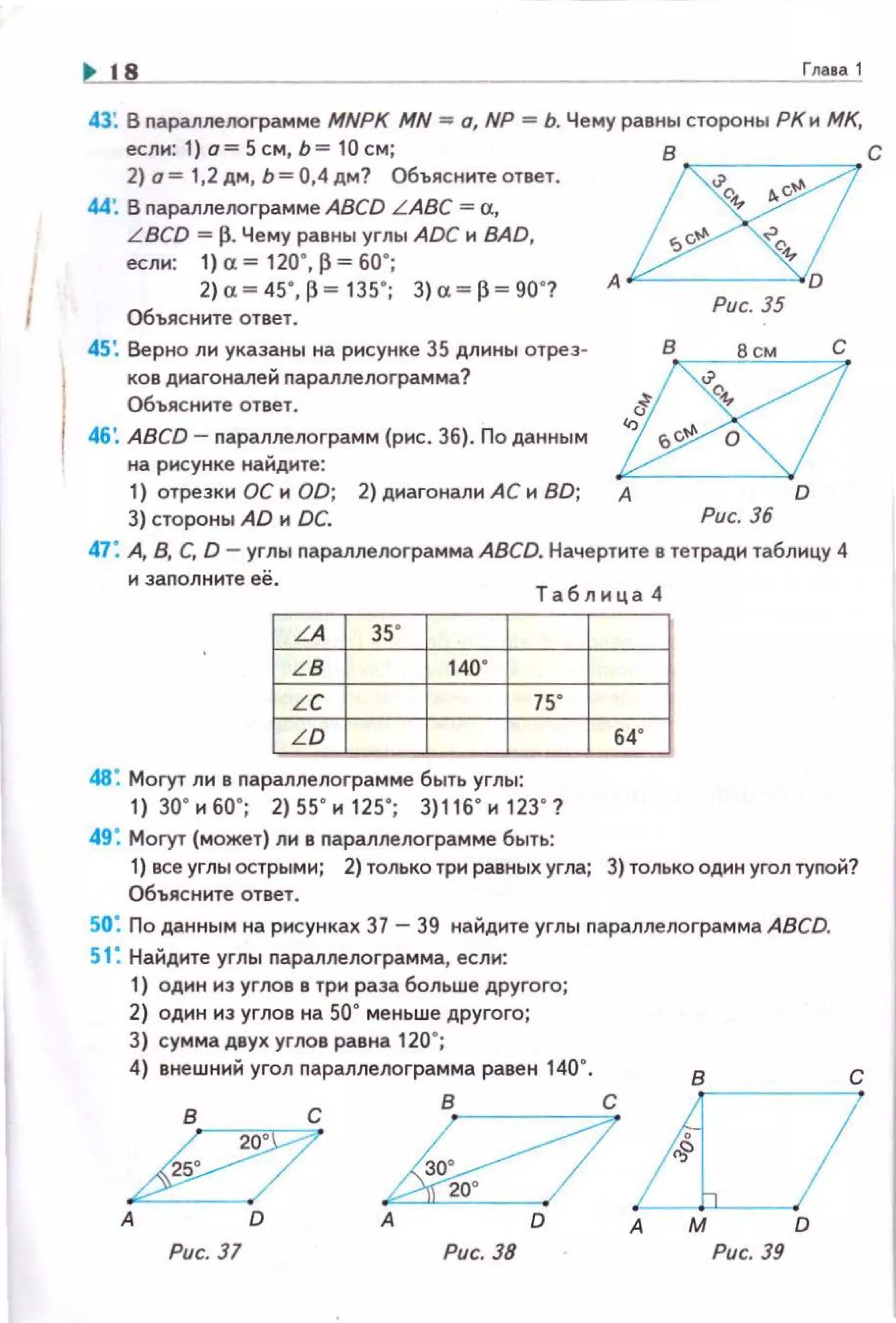 18 Глааа 1
43~ В nараплелограмме MNPK MN = а, NP = Ь. Чему равны стороны РК и МК,
если: 1)о=5см,Ь= 10см ; в с
2) о= 1,2 дм, Ь= 0,4 дм? Объясните ответ.
44'. В nараплелограмме ABCD L ABC =а,
LBCD = (}.Чему равны углы ADC и BAD,
если: 1) а= 120' , ~ = 60';
2)а=45',~= 135'; 3)а = ~=90'?
Объясните ответ.
45: Верно ли указаны на рисунке 35 длины отрез­
ков диагоналей nараплелограмма?
Объясните ответ.
46: ABCD- параплелограмм (рис. 36). По данным
на рисунке найдите:
1) отрезки ОС и OD; 2) диагонали АС и BD;
3) стороны AD и DC.
Рис. 35
Рис. 36
47: А, В, С, D- углы nараплелограмма ABCD. Начертите в тетради таблицу 4
и заnолните её .
Таблнца4
LA 35'
LB 140'
LC 75'
LD
48: Могут ли в параплелограмме быть углы:
1) 30' н 60'; 2) 55' н 125'; 3)116' н 123' ?
49: Могут (может) ли в nараплелограмме быть:
64'
1) все углы острыми; 2) только три равных угла; 3) только один угол туnой?
Объясните ответ.
so: По данным на рисунках 37- 39 найдите углы nарамелограмма ABCD.
51 : Найдите углы nараллелограмма, если:
1) один иэ углов в три раэа больше другого;
2) один иэ углов на 50
6
меньше другого;
3) сумма двух углов равна 120·;
4) внешний угол nараллелограмма равен 140".
А А D
Рис. 37 Рис. 38 Рис. 39
 