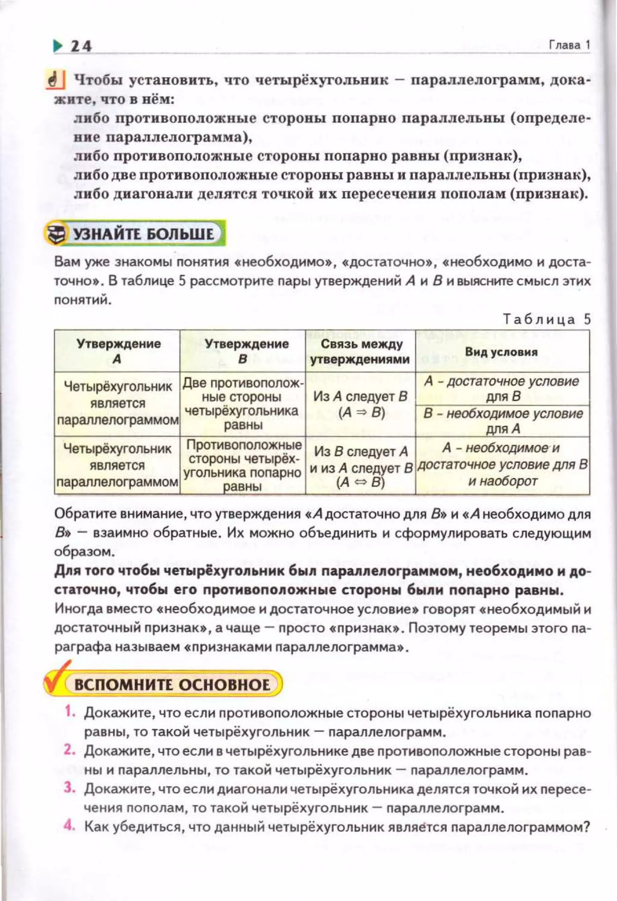 Глаtа 1
.t.J Чтобы установить, что четырёхугольиик- параллелограмм, дока·
жите, что в иём:
о"'ибо противоположные стороны попарно параллельны (определе·
вне параллелограмма),
либо противоположные стороны попарно равны (признак),
либо две противоположные стороны равны и параллельны (признак),
Jtибо диагонали делятся точкой их пересечения пополам (признак).
~ УЗНАЙТЕ ЮЛЬШЕ)
Вам уже знакомы nонятия снеобходимо•, сдостаточно•, снеобходимои доста·
точноt . В таблице 5 рассмотрите nары утверждений А и В и выясните смысл этих
nонятий.
Утверждение
А
Утверждение Связь между
В утверждениями
Таблица 5
Вид условн 11
Четырёхугольник Две nротивоnолож- И А
8
А - достат;::': уеловне
является чет~~~~::~~ка
3
(~л~дJ)т f-,8"---- необ="х=од'=н"см'::ов:-у:::сл=о=в::-:нв::-1
nараплелограммом равны мя А
Четырёхугольник Противоnолож~~~е Из В следУет А А -необходимое·н
является у':!оО,:~~ач~~~:~~ и из А следует в достаточное уеловне для В
nараплелограммом равны (А с:> 8) н наоборот
Обратите внимание, что утверждения сА достаточно для 8-. и сА необходимо для
В• - взаимно обратные. Их можно объединить н сформулнровать следующим
образом .
Дllя того чтобы четы рfхуrольнмк был парап11елоrраммом1 необходимо м до·
статоч но, чтобы его протмвопо.nожные стороны бы11 и поnарно равны .
Иногда вместо снеобходимое и достаточное условие• говорят снеобходнмый н
достаточный прнзнак•, а чаще- nросто спрнзнакt. Поэтому теоремы этого па­
раграфа называем с nрнзнакамн параллелограмма•.
ВСПОМНИТЕ ОСНОВНОЕ
1. Докажите, что если противоnоложные стороны четырёхугольннка попарно
равны, то такой четырёхуrольник- параллелограмм .
2. Докажите, что если в четырёхугольнике две противоположные стороны рав­
ны и параллельны, то такой четырёхугольник - параллелограмм.
3. Докажите, что если диагонали четырёхугольника делятся точкой их пересе­
чения пополам, то такой четырёхугольник- nараллелограмм.
4. Как убедиться, что данный четырёхугольник явля~тся параллелограммом?
 