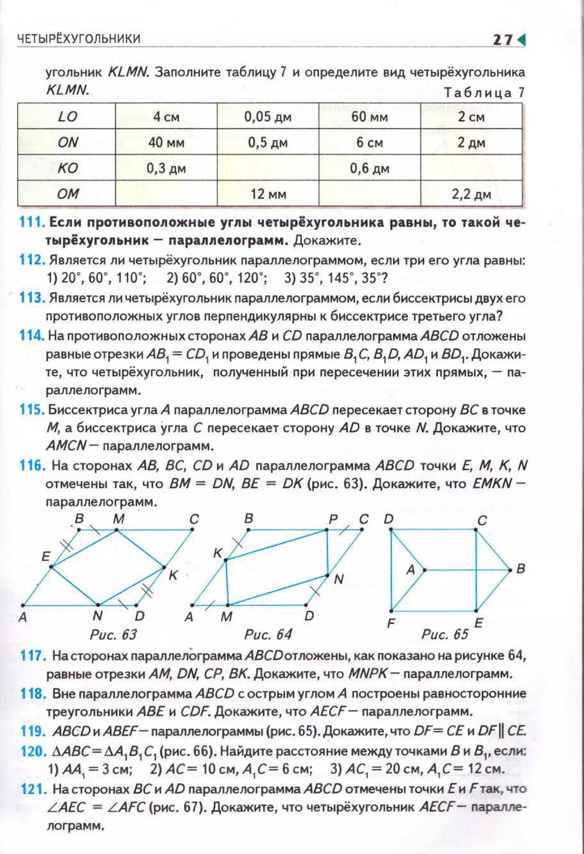 ЧЕТЫРtХУГОЛЬНИКИ 27 <1
угольник KLMN. Заnолните таблицу 7 и оnределите вид четырёхугольника
KLMN. Таблица 7
LO 4 см 0,05 ДМ 60 мм 2 см
ON 40 мм О,Sдм б см 2дм
ко 0,3 дм О,бдм
ом 12 мм 2,2дм
111. Если противоположные углы четырёхугольника равны, то такой че­
тырёхугольник- параллелограмм. Докажите.
112. Является ли четырёхугольник nараллелограммом, если три его угла равны:
1) 20·, бо ·, 110·; 2) 60", 60", 120·; 3) 35", 145", 35"?
113. Является ли четырёхугольник nараллелограммом, если биссектрисы двух его
nротивоnоложных углов nерnендикулярны к биссектрисе третьего угла?
114. На nротивоnоложных сторонах АВ и СО nараллелограммаАВСО отложены
равные отрезки АВ1 = СО1 и nроведены nрямые В1 С, В1 0, АО1 и ВО1• Докажи­
те , что четырёхугольник, nолученный nри nересечении этих nрямых, - nа­
раллелограмм.
115. Биссектриса угла А nараплелограмма АВСО nересекает сторону ВС в точке
М, а биссектриса Угла С nересекает сторону АО в точке N. Докажите, что
AMCN- nараллелограмм.
116. На сторонах АВ, ВС, СО и АО nараллелограмма АВСО точки Е, М, К, N
отмечены так, что ВМ = ON, ВЕ = ОК (рис. 63). Докажите , что EMKN-
nараллелограмм.
йi:1!"В·А ND АМ D F Е
Рис. 63 Рис. 64 Рис. 65
117. На сторонах nараллелОграммаАВСОотложены, как nоказано на рисунке 64,
равные отрезки АМ, ON, СР, ВК. Докажите, что MNPK- nараллелограмм.
118. Вне nараплелограмма АВСО с острым углом А nостроены равносторонние
треугольники АВЕ и COF. Докажите, что AECF- nараллелограмм.
119. АВСОиАВЕF-nарал.пелограммы (рис. 65).Докажите,что OF= СЕ и OFII СЕ.
120. d.ABC= d.A1
B1
С1 (рис. 66). Найдите расстояние между точками В и В1, если:
1) М1 =3 см; 2) АС= 10 см, А 1 С= б с м; 3) АС1 =20 см, А1 С= 12 см.
121. На сторонах ВС и АО парал.пелограмма АВСО отмечены точки Е и Fтак, что
L AEC = L AFC {рис. 67). Докажите, что четырёхуго11ьн1о1к AECF- nаралле­
лограмм.
 