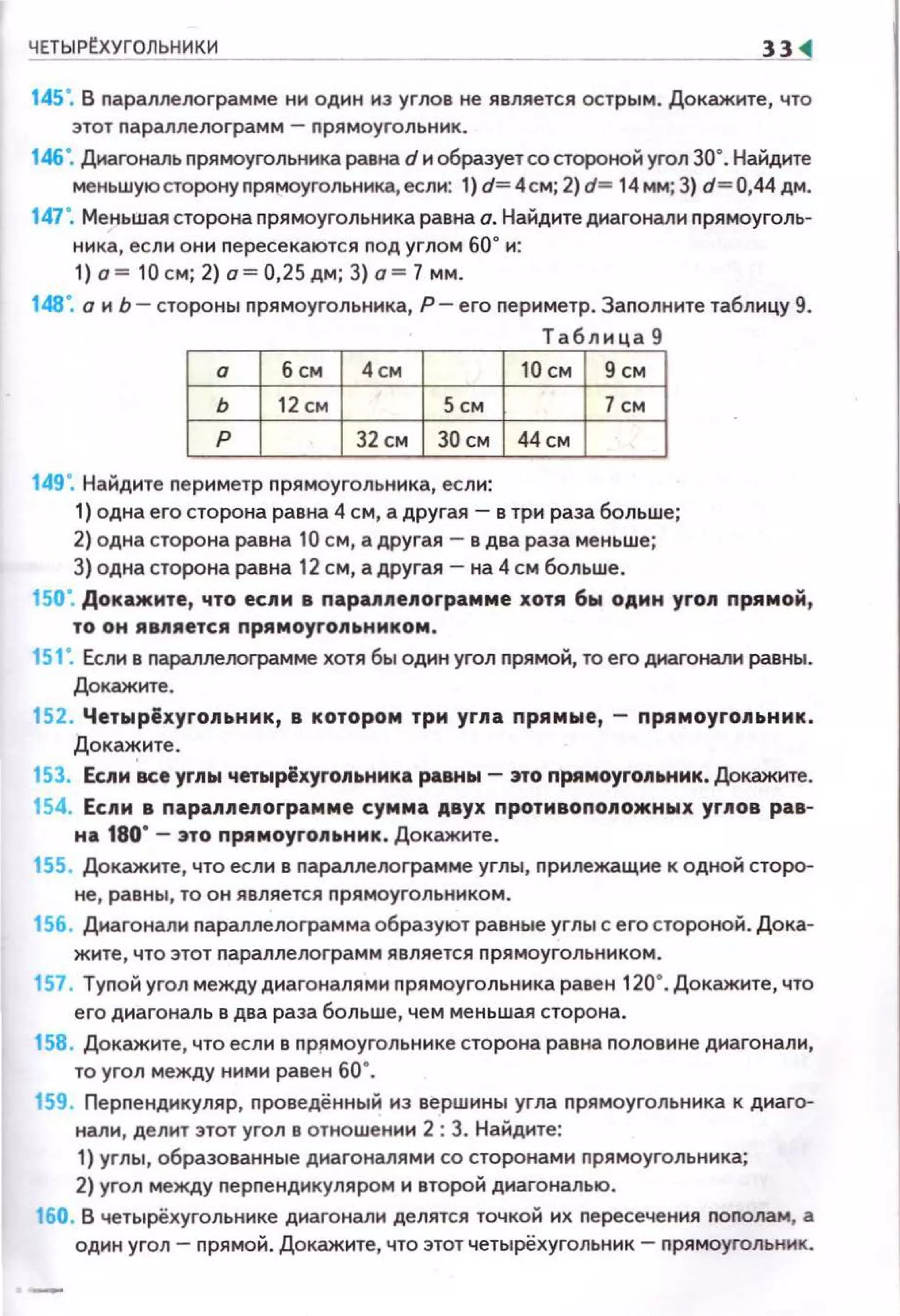 ЧПЫРtХУГОЛЬНИЮ1
--------~3~
145". В nараплелограмме ни один из углов не является острым. Докажите, что
этот nараплелограмм - nрямоугольник.
146". Диагональ nрямоугольника равна d и образует со стороной угол 30". Найдите
меньшую сторону nрямоугольника, если: 1} d= 4см; 2} d= 14 мм; 3} d= 0,44 дм.
147". Меньшая сторона nрямоугольника равна а. Найдите диагонали nрямоуголь­
ника, если они nересекаются nод углом 60" и:
1) а= 10см; 2) о= 0,25дм; 3) о = 7 мм.
149". Найдите nериметр nрямоугольника, если:
1) одна его сторона равна 4 см, а другая- в три раза больше;
2) одна сторона равна 10 см, а другая -в два раза меньше;
3) одна сторона равна 12 см, а другая- на 4 см больше .
150". Докажите, что ес11и в пара1111е11оrрамме хотя бы ОАИН yro11 прямой,
ТО ОН ЯBIIAeTCA ПрАМОуГОII~НИКОМ .
151: Если в nараллеоограмме хотя бы один угол nрямой, то его диагонали равны.
Докажите.
152. Четырёхуrо.11ьнмк, в котором три yr.11a прямые, - прямоуrо11ьнмк .
Докажите .
153. Ес11и все уr11ы четырёхуrо.11ьнмка равны- это ПРJIМОуrо.llьник. Докажите.
154. Ес11м в пара1111е11оrрамме сумма АВУХ протмвопо11ожных уr11ов рав­
на 180" - это прямоуrо11~нмк. Докажите.
155. Докажите, что если в nараплелограмме углы, nрилежащие к одной сторо­
не, равны, то он является nрямоугольником.
156. Диагонали nараплелограмма образуют равные углы с его стороной. Дока­
жите, что этот nараплелограмм является прямоугольником.
157. Туnойугол между диагоналями прямоугольника равен 1 20". Докажите, что
его диагональ в два раза больше, чем меньшая сторона.
158 . Докажите, чтоесли в nрf!моугольнике сторона равна nоловине диагонали,
то угол между ними равен 60".
159. Перnендикуляр, nроведённый из вершины угла nрямоугольника к диаго­
нали, делит этот угол в отношении 2 : 3. Найдите:
1) углы, образованные диагоналями со сторонами прямоугольника;
2) угол между перnендикуляром и второй диагональю.
160. В четырёхугольнике диагонали делятся точкой их пересечения nополам, а
один угол- nрямой. Докажите, что этот четырёхугольник- nрямоугольник.
 