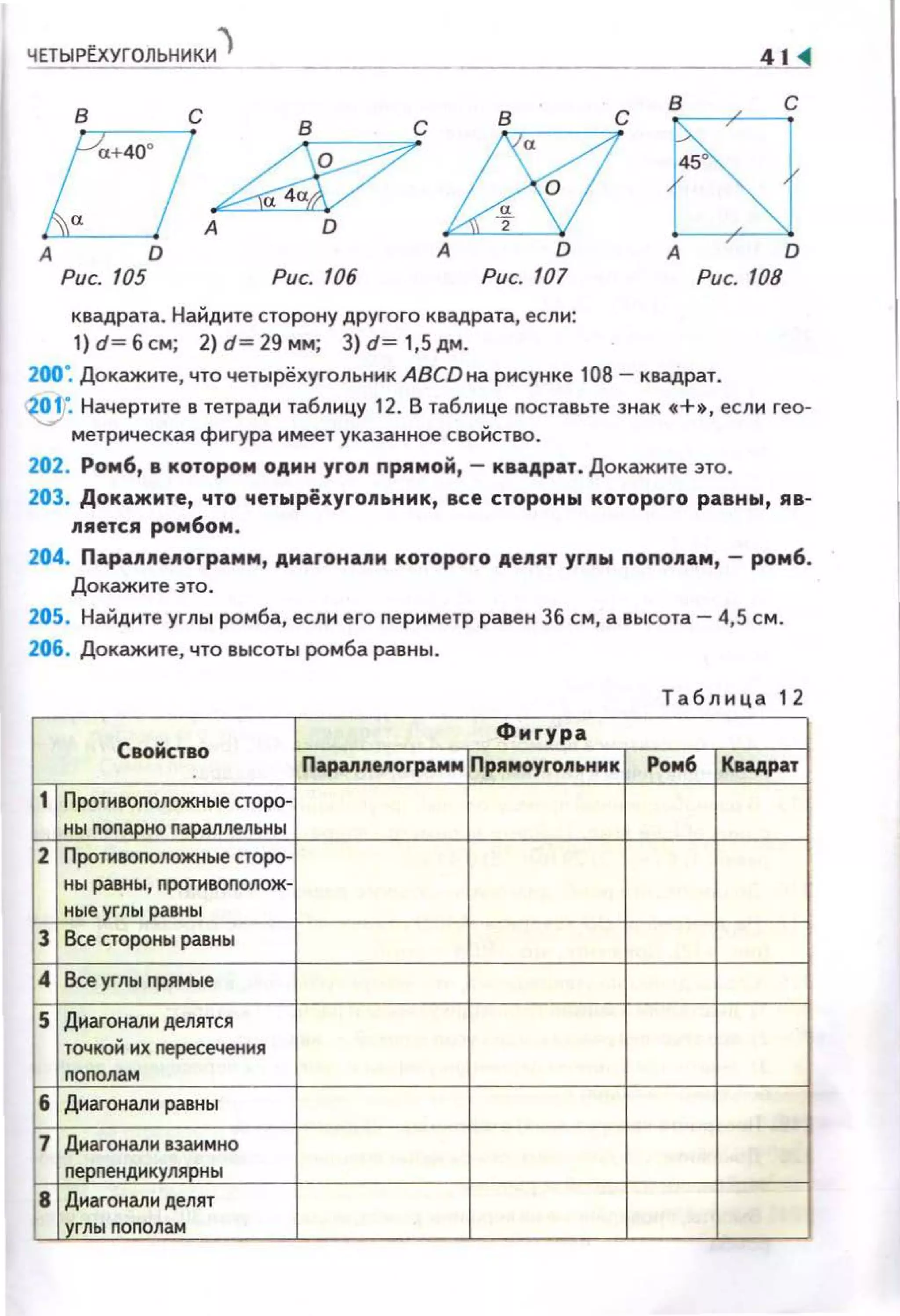 ЧЕТЫРD<УГОЛЬНИКИ")
----------------~4·~
в с
А D
А D
Рис. 105 Рис. 106
квадрата. Найдите сторону другого квадрата, если:
1) d ~ б см; 2) d ~ 29 мм; 3) d~ 1,5 дм.
в с
А D
Рис. 108
200". Докажите, что четырёхугольник ABCD на р~о~сунке 108- квадрат.
~·- Начертите в тетради таблицу 12. В таблице nоставьте знак •+•, если гео­
метрическая фигура имеет указанное свойство.
202. Ромб, в котором один yron nрямой,- квадрат. Докажите это.
203. Докажите, что четырёхуrопьнмк, все стороны которого равны, яв­
nяется ромбом .
204. Пара1111е11оrрамм , дмаrона"'м которого де11ят уr.11ы попо11ам, - ромб.
Докажите это.
205. Найдите углы ромба, если его nериметр равен 36 см, а высота- 4,5 см.
206. Докажите, что высоты ромба равны.
Таблица 12
Свойство
Фигура
Параппеnограмм Прямоуrоn..нмк Ромб Кu.драт
1 Противоnоложные старо-
ны nona_p_!lo ~араллельны
2 Противоnоложные старо-
ны равны, nротивоnолож·
ные углы равны
3 Все стороны равны
4 Все углы nрямые
5 Диагонали делятся
точкой их nересечения
nоnолам
6 Диагонали равны
7 Диагонали взаимно
nерnендИ9!1_~рны
8 Диагонали делят
глы nоnол ам
 