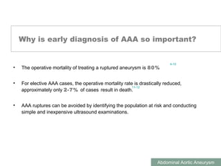 ABDOMINAL AORTIC ANEURYSMS
Abdominal Aortic Aneurysm
Why is early diagnosis of AAA so important?
• The operative mortality of treating a ruptured aneurysm is 80%
• For elective AAA cases, the operative mortality rate is drastically reduced,
approximately only 2-7% of cases result in death.
• AAA ruptures can be avoided by identifying the population at risk and conducting
simple and inexpensive ultrasound examinations.
4-10
11-12
 